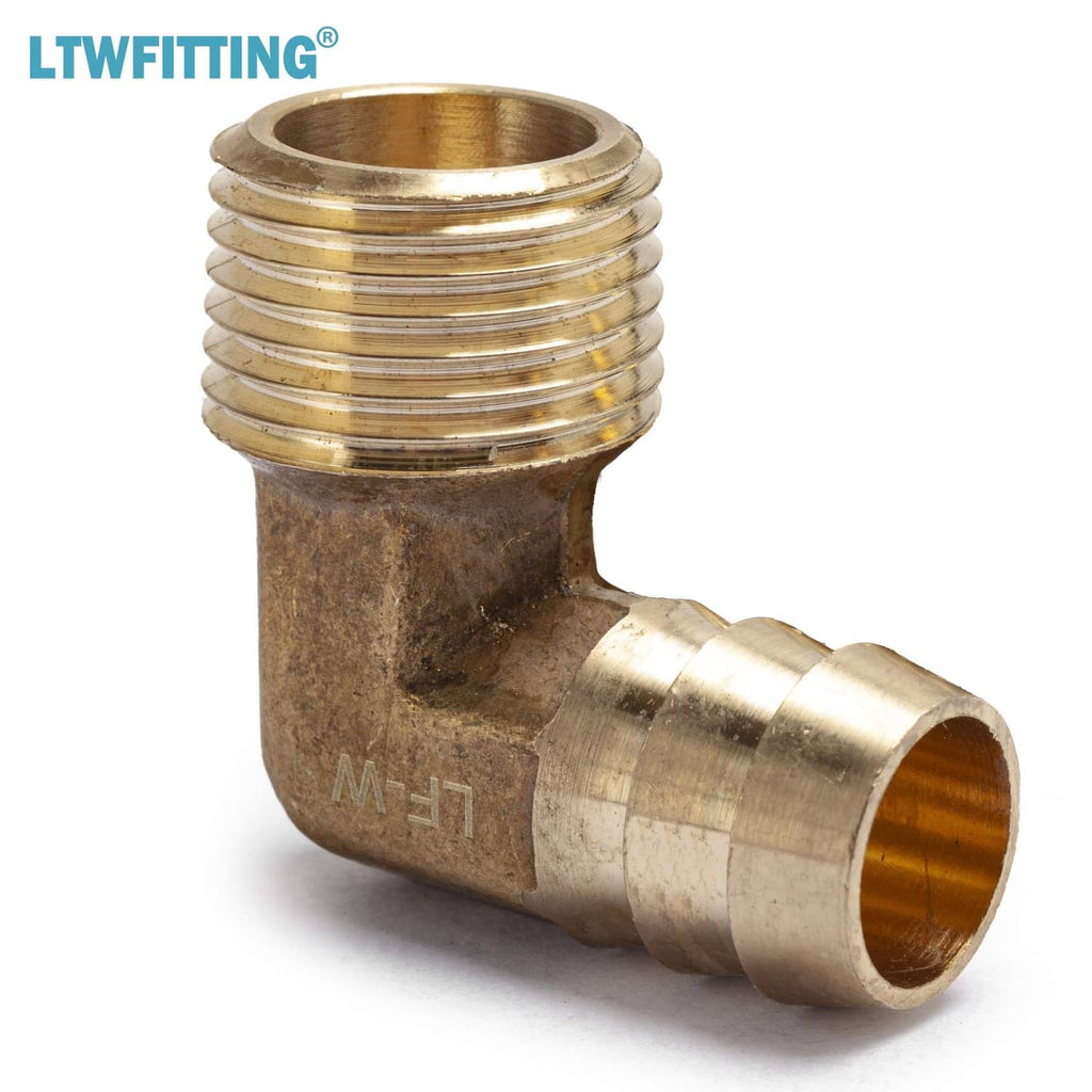 Brass elbow hose barb fitting with external threads and barbed hose end
