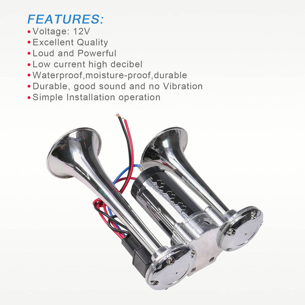 Chrome dual trumpet electric air horn with red and blue power wires, compact housing