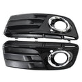 Pair of glossy black ABS front bumper fog light cover inserts with chrome ring openings