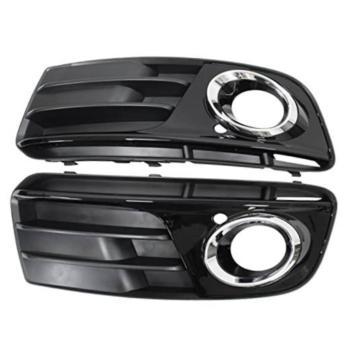 Pair of glossy black ABS front bumper fog light cover inserts with chrome ring openings