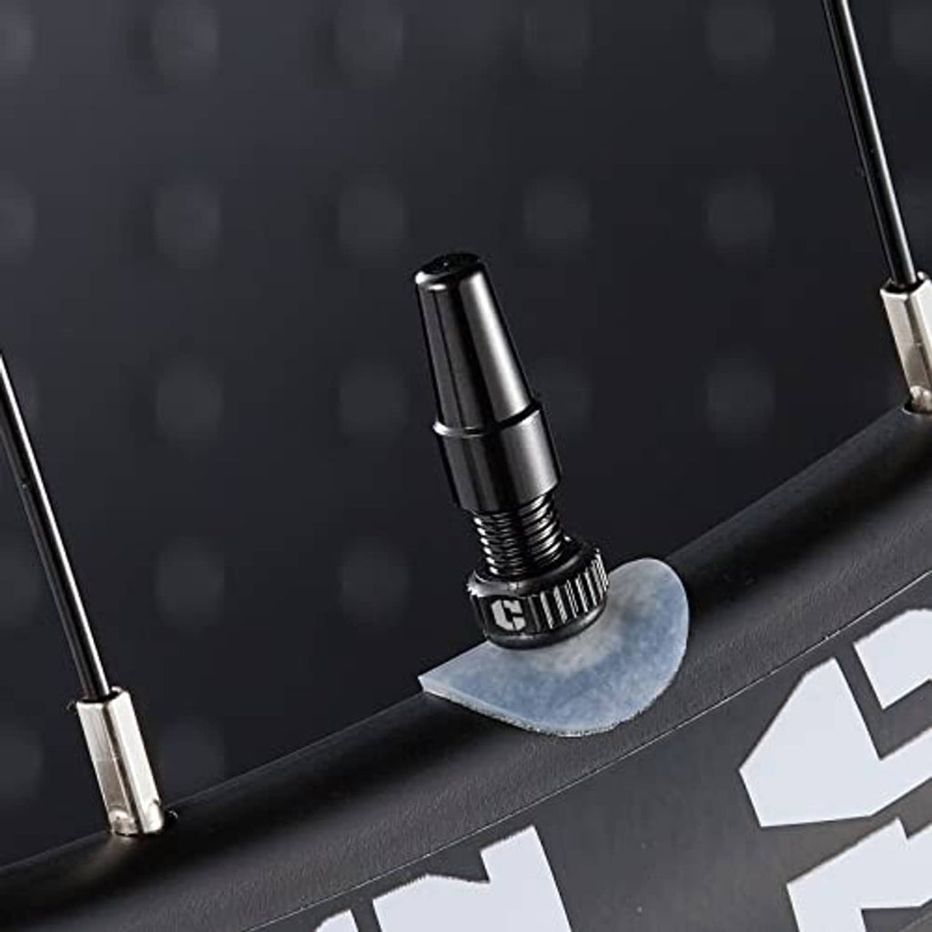 Black Presta tubeless valve stem mounted on a bicycle wheel rim