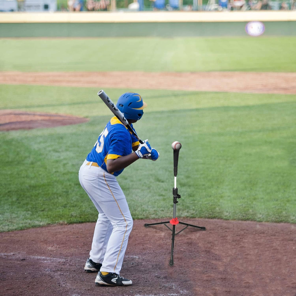 Adjustable batting tee on red base with black tripod, used by a baseball player