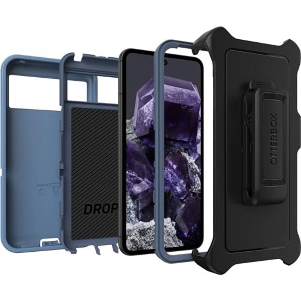Blue OtterBox Pixel 8 case with black holster, screen cover, and DROP label
