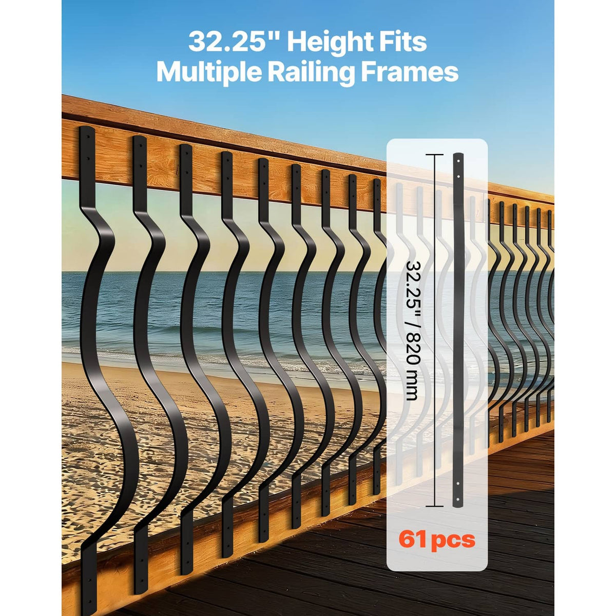 Black wavy baluster spindles on a railing, uniform wave profile