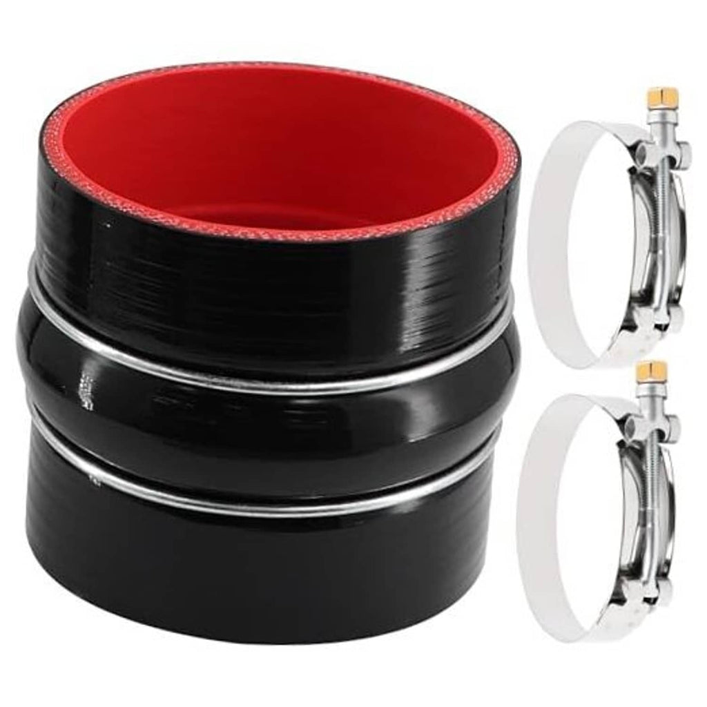 Black silicone straight coupler hose with red inner lining, with two metal hose clamps.