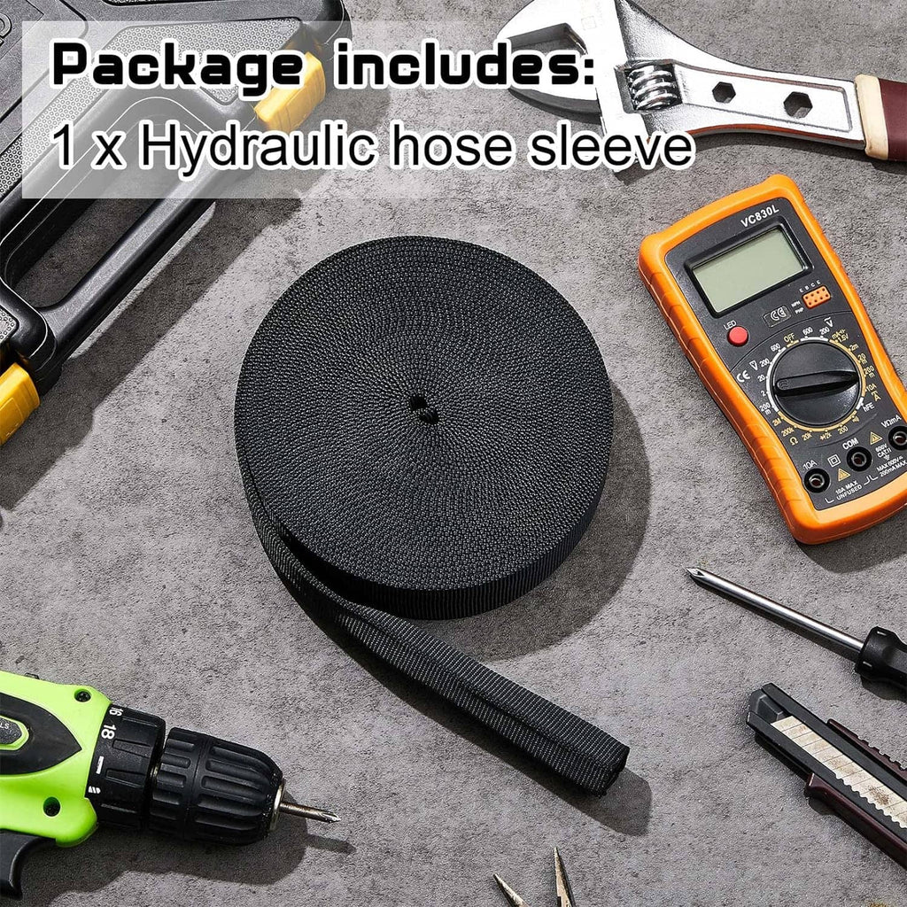 Black nylon hydraulic hose sleeve roll and long strap, open channel end