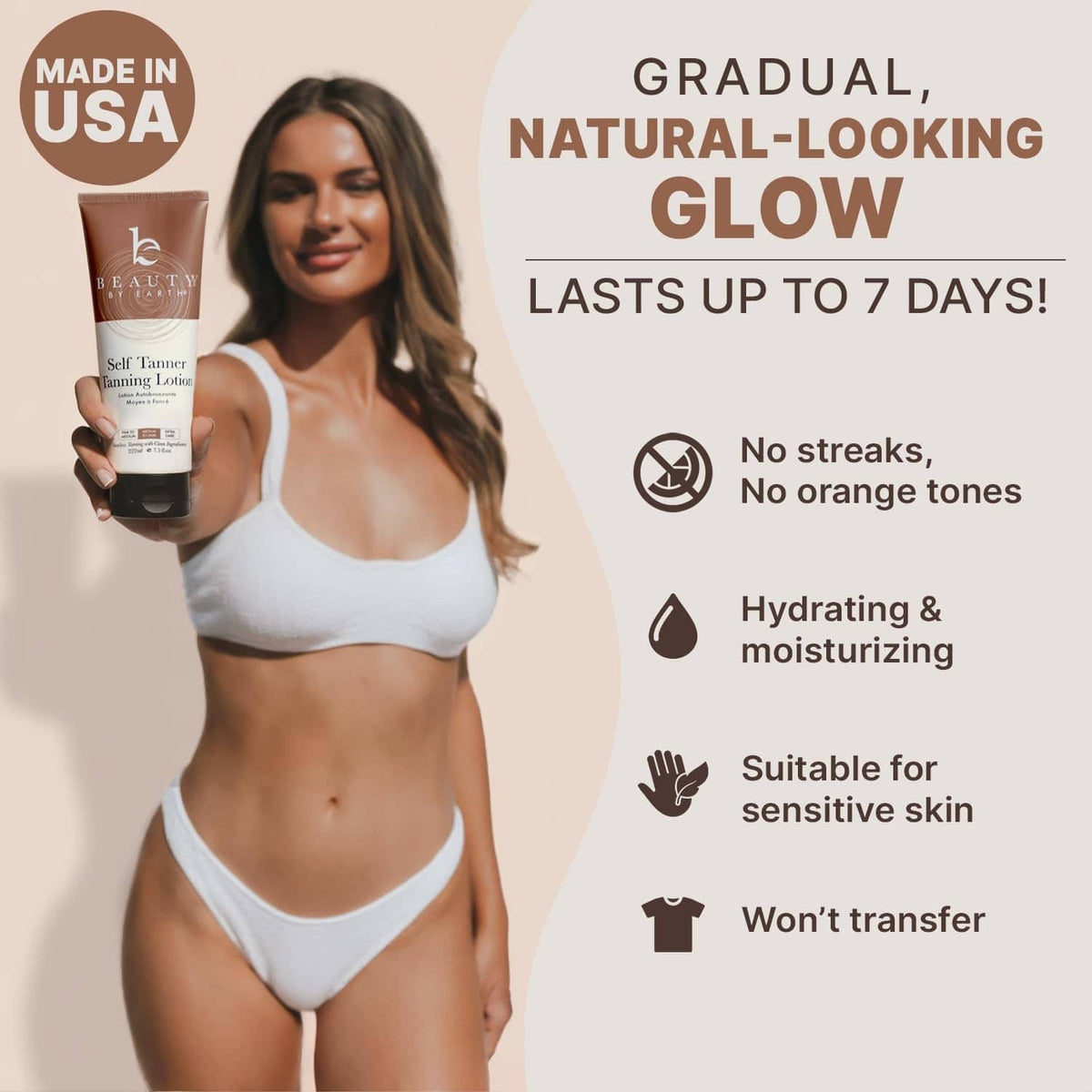 Self-tan lotion bottle with box held by woman, gradual natural glow