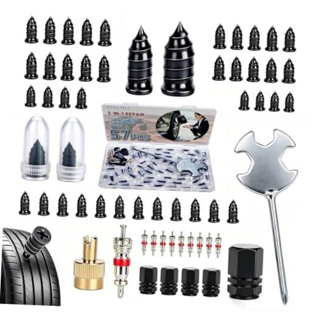 3-in-1 screw-in tire plug repair kit with multiple rubber plug nails and insertion tools