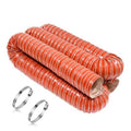 Red corrugated air duct hose coil with metal end and two silver clamp rings.