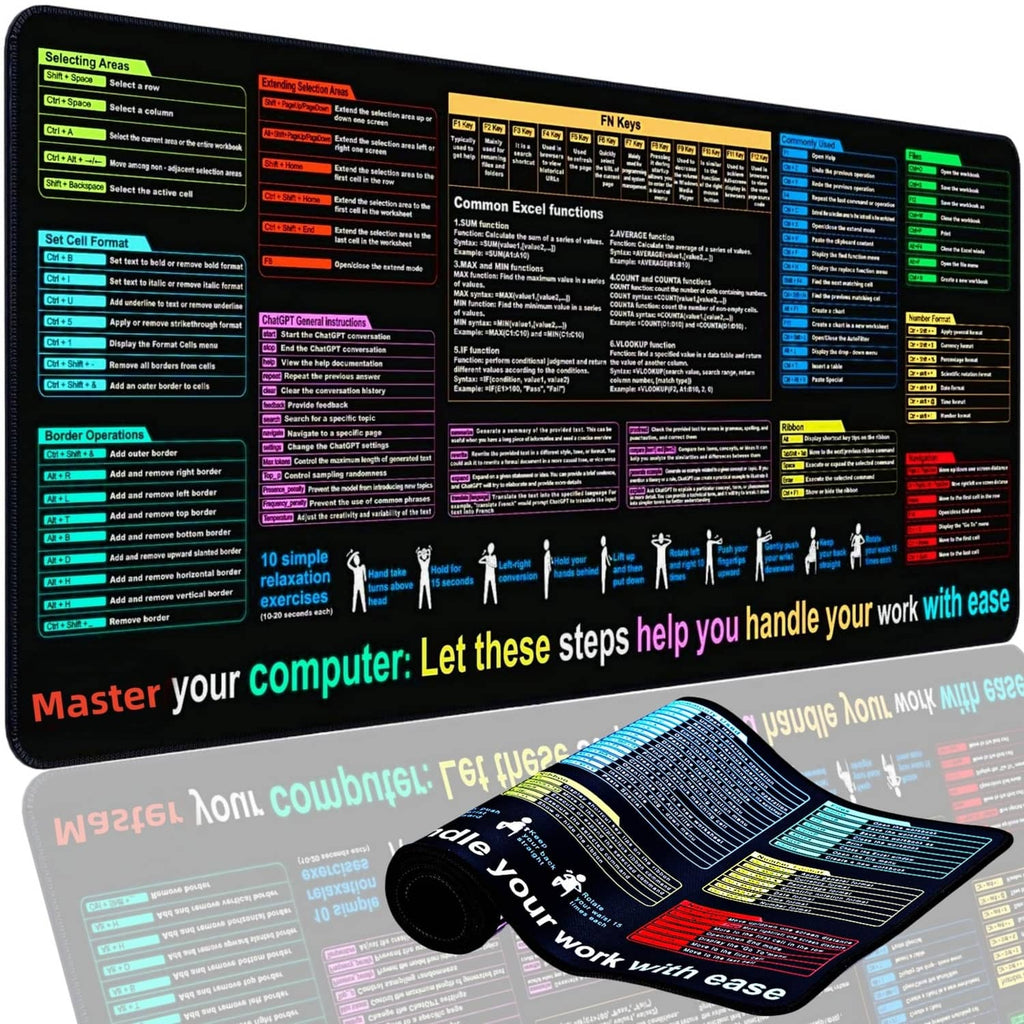 Black XL desk pad mat with visible printed cheat-sheet layout