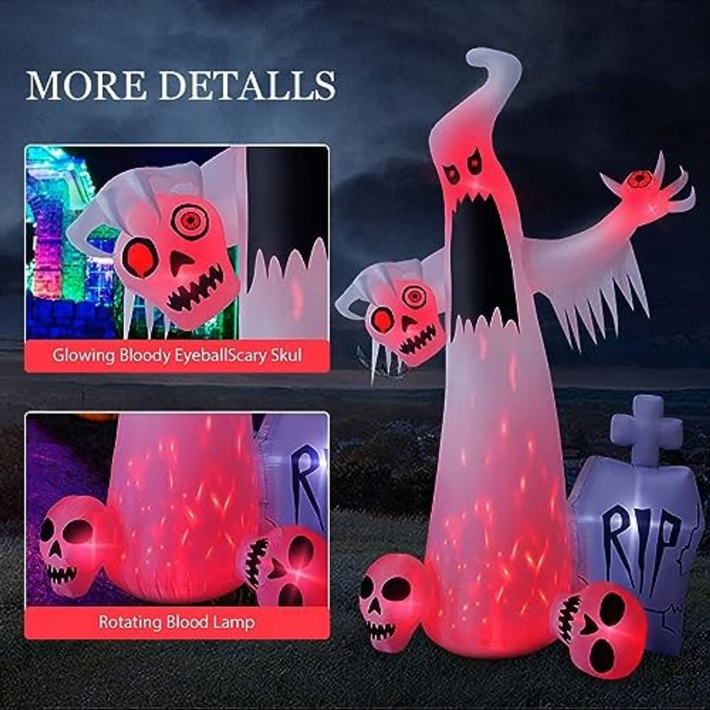 Halloween ghost inflatable detail view with red skull graphics, glowing lava-style light, and tombstones