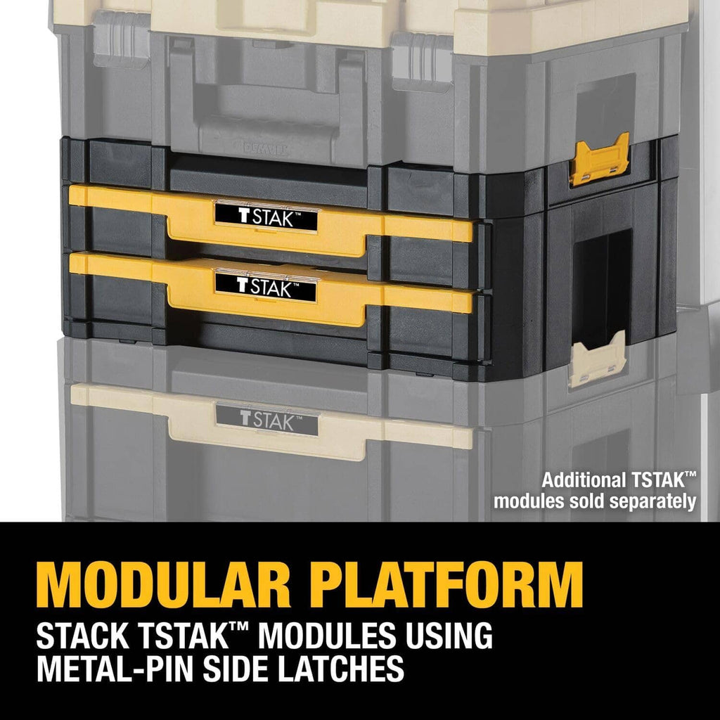 DEWALT TSTAK stackable tool organizer platform, gray with yellow drawer fronts