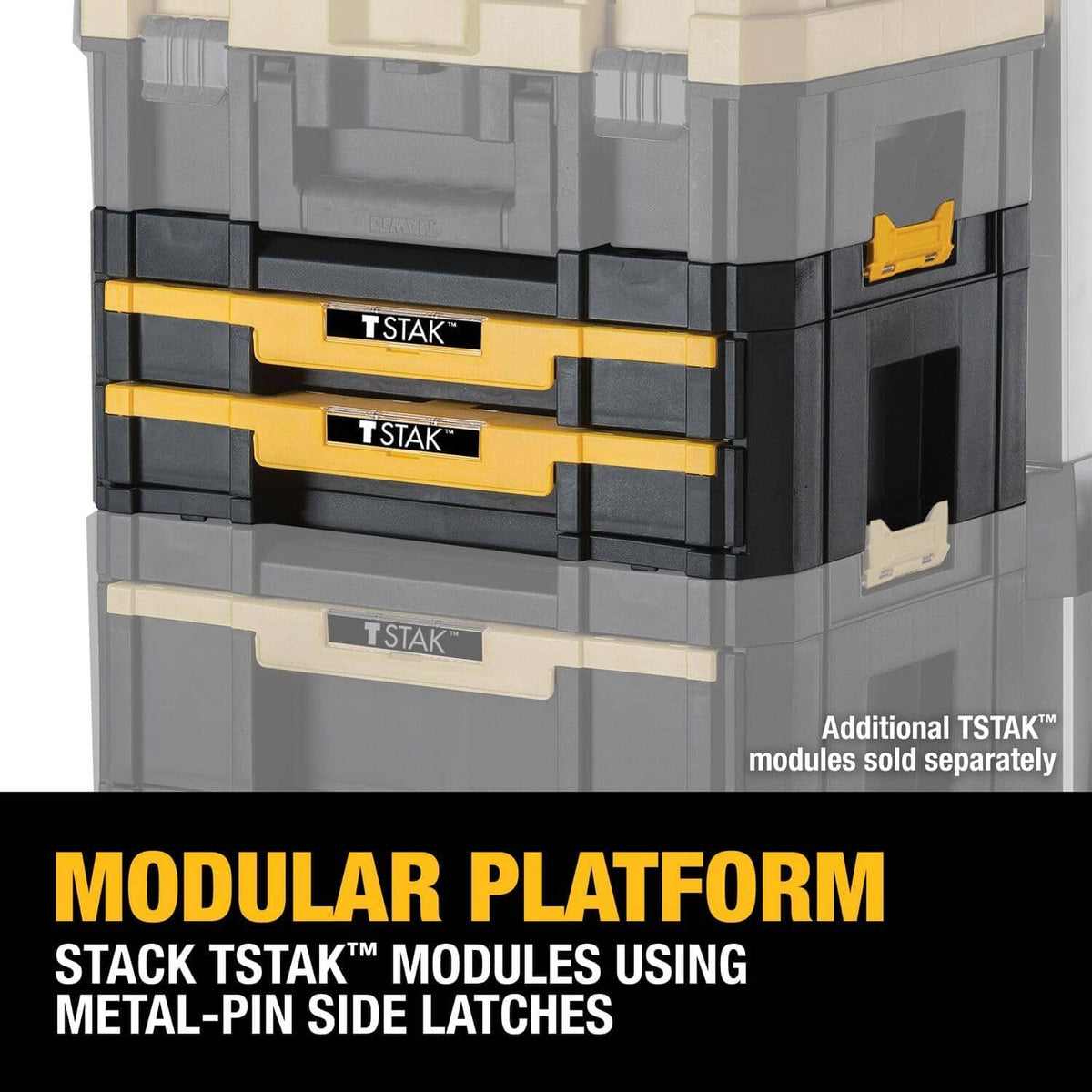 DEWALT TSTAK stackable tool organizer platform, gray with yellow drawer fronts
