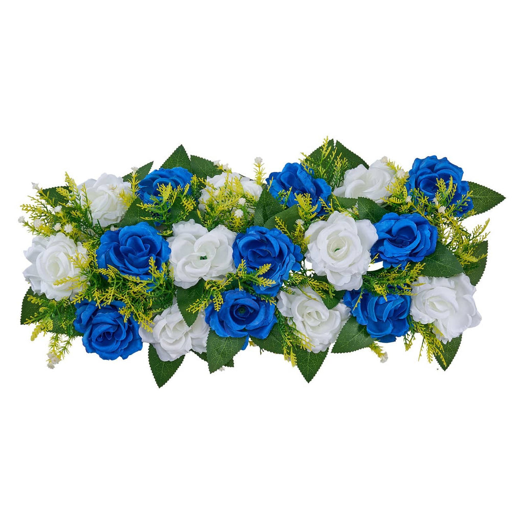 Blue and white artificial flower garland close-up with blue roses and white blooms