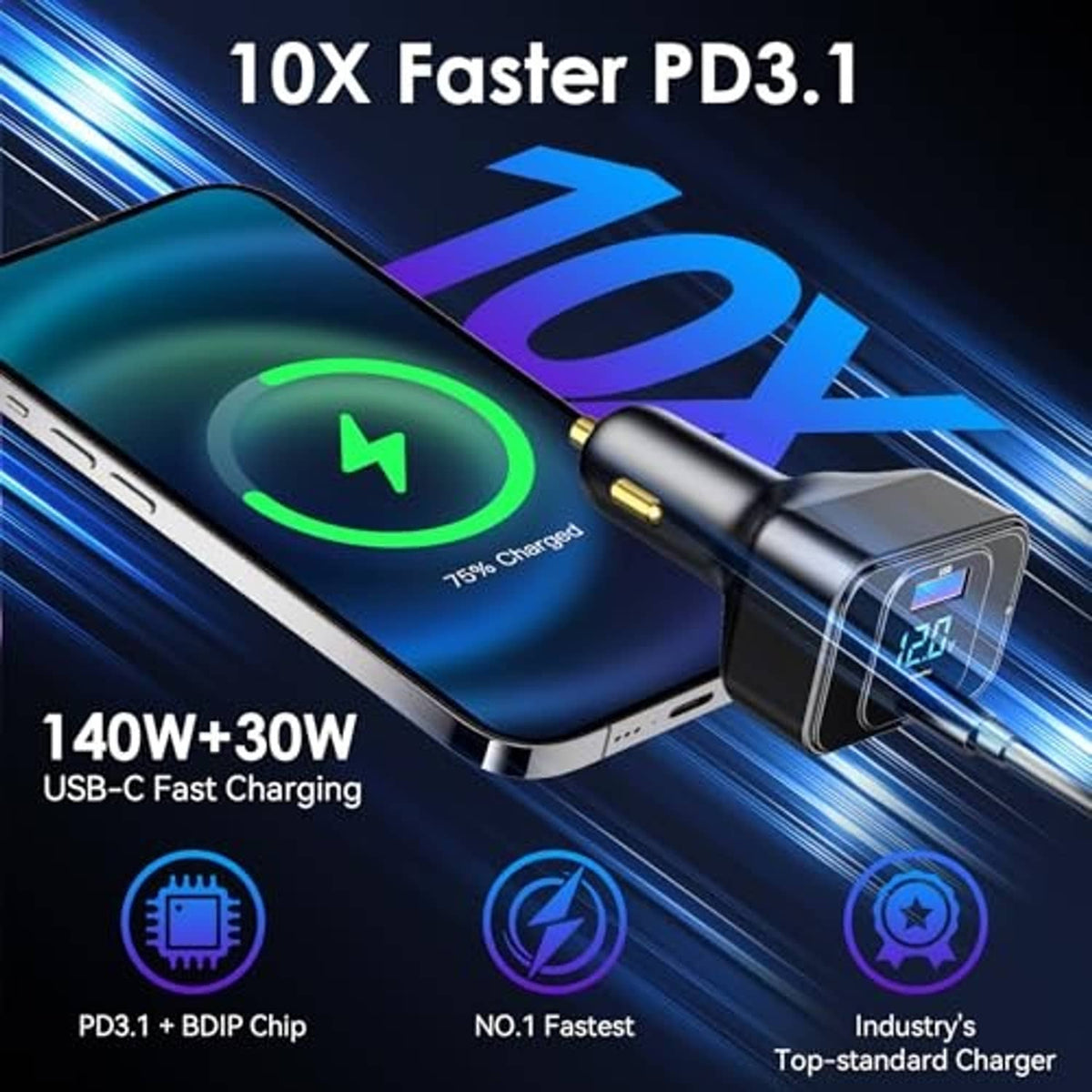 Black car charger adapter with USB-C ports and small display, shown with charging cable