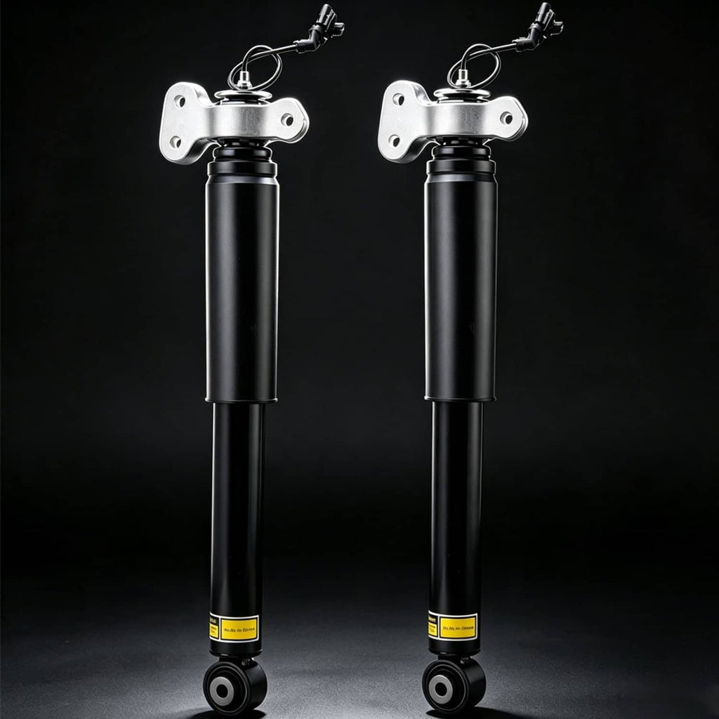 Pair of rear shock absorber struts with black cylinders and silver top mounting plates