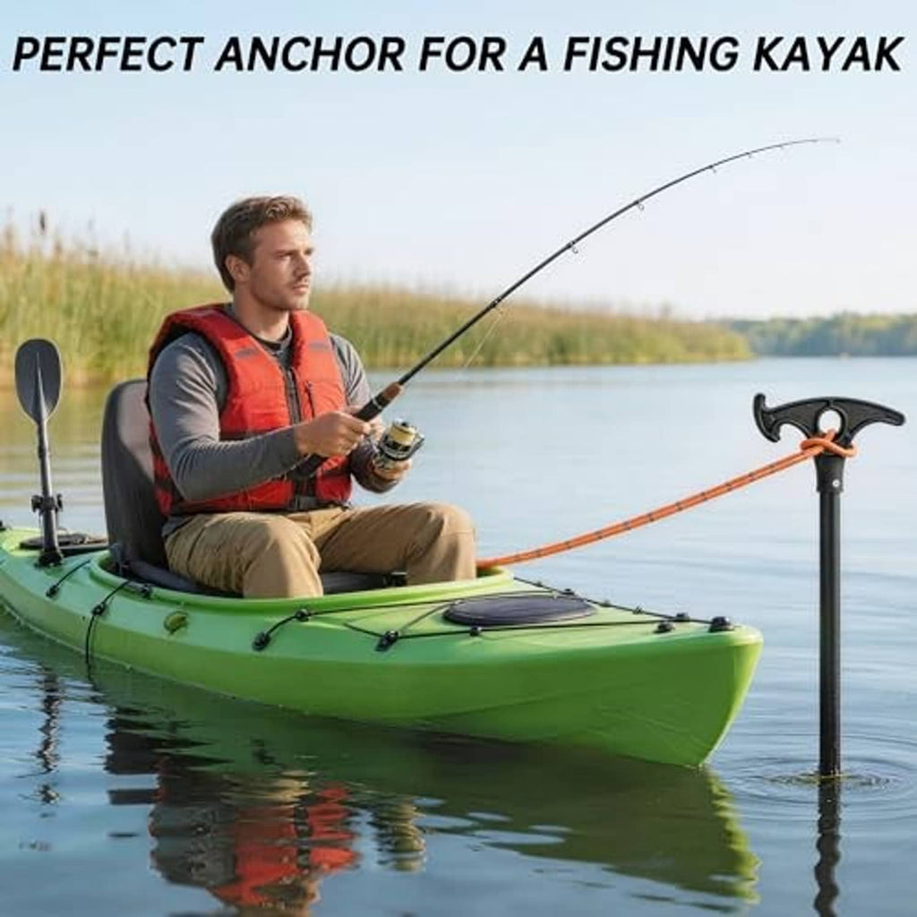 Shallow water anchor pole with hook mounted on a kayak deck