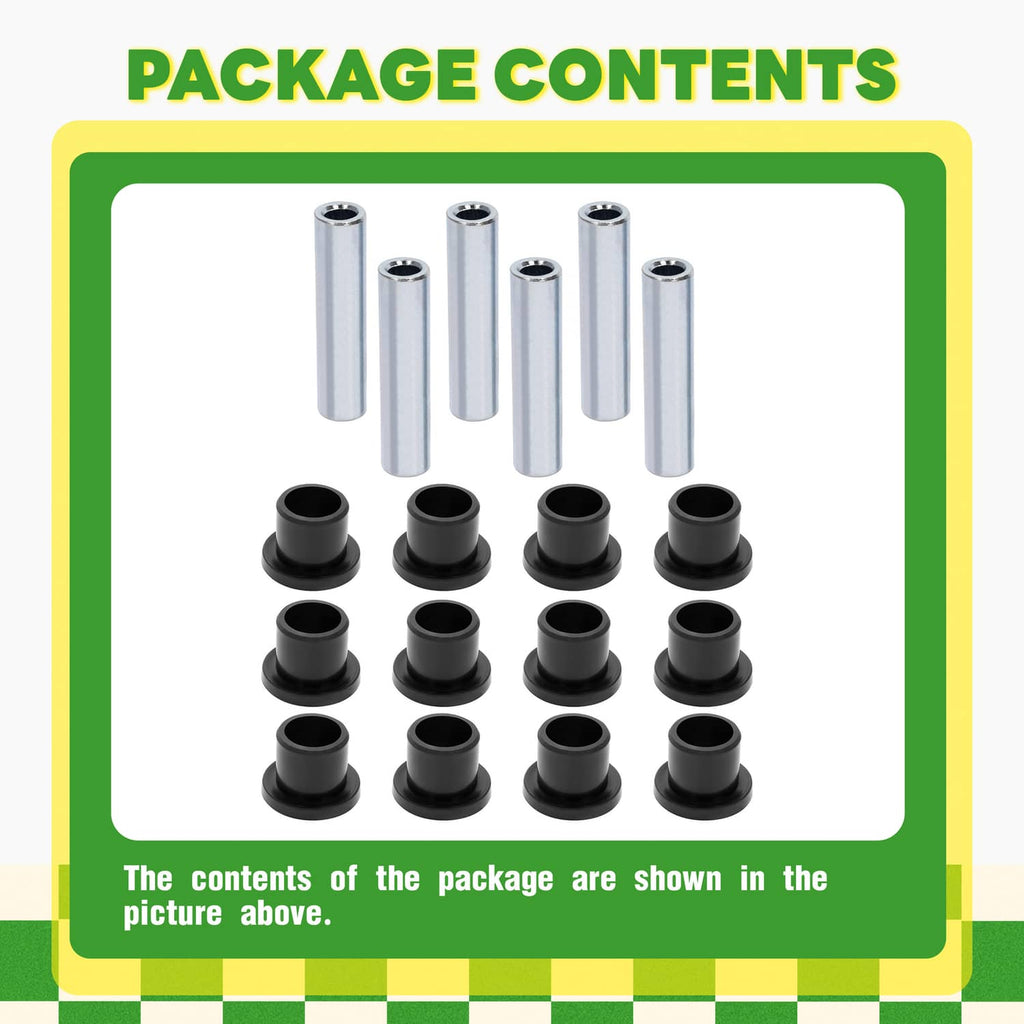 Leaf spring bushing package contents: black rubber bushings and silver metal sleeves and pins
