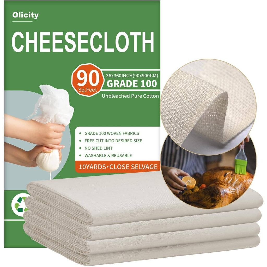 Unbleached cheesecloth roll, light beige fine-mesh sheets stacked for straining