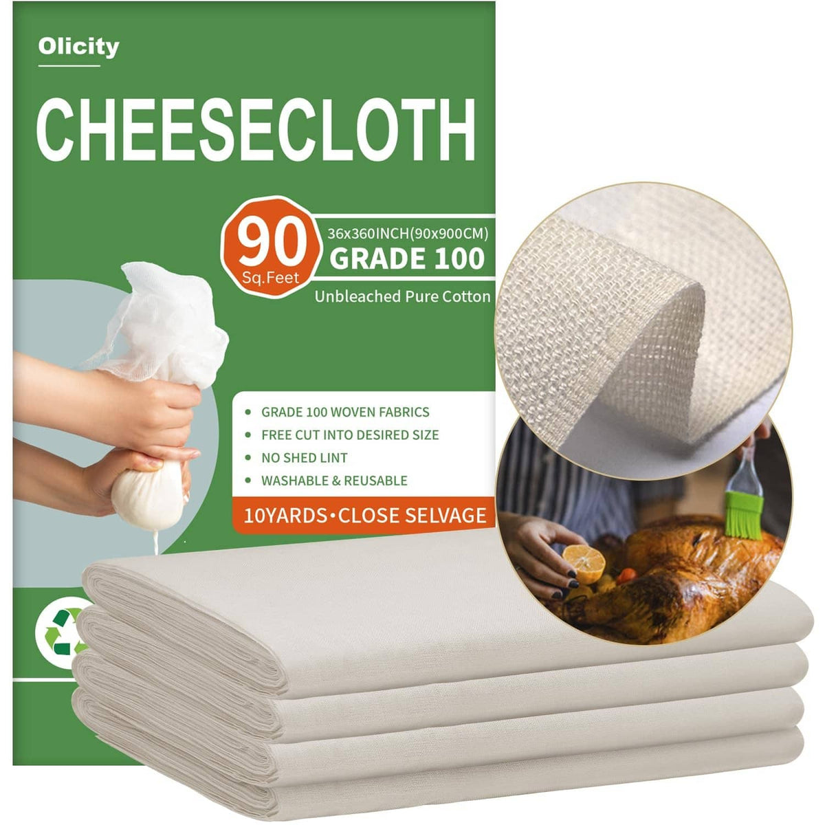 Unbleached cheesecloth roll, light beige fine-mesh sheets stacked for straining
