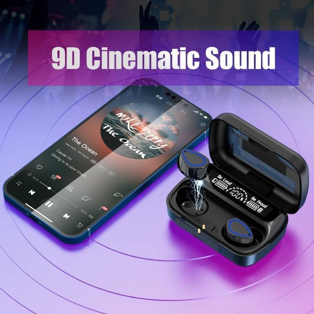 Wireless earbuds with open charging case and blue LED ring earbuds