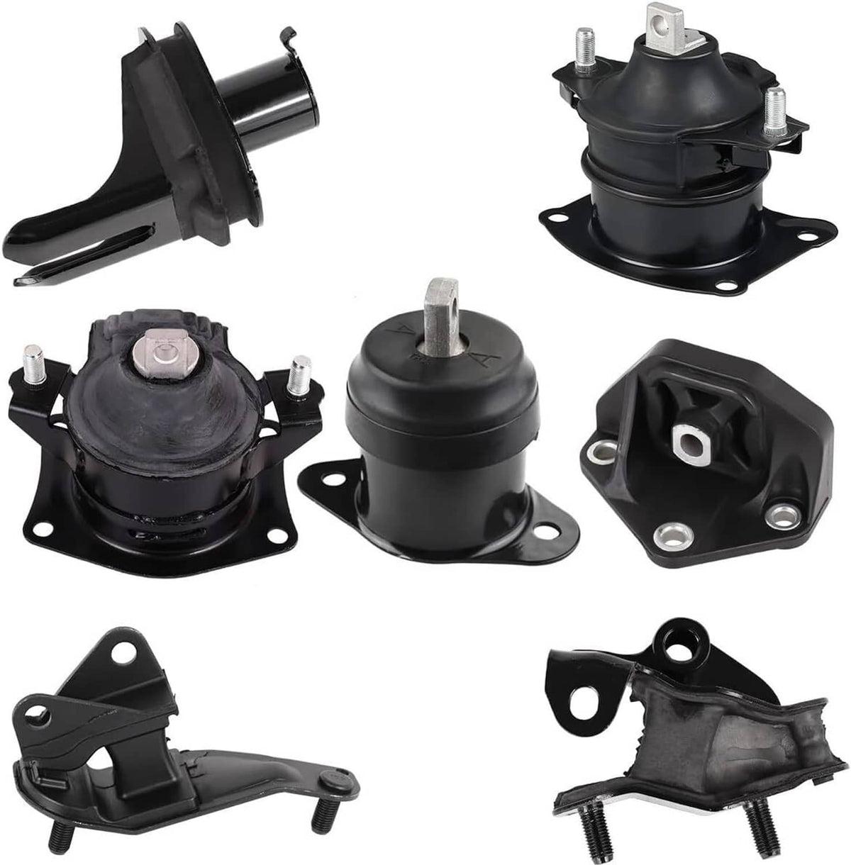 Black engine mount bracket set with rubber isolators and metal base plates