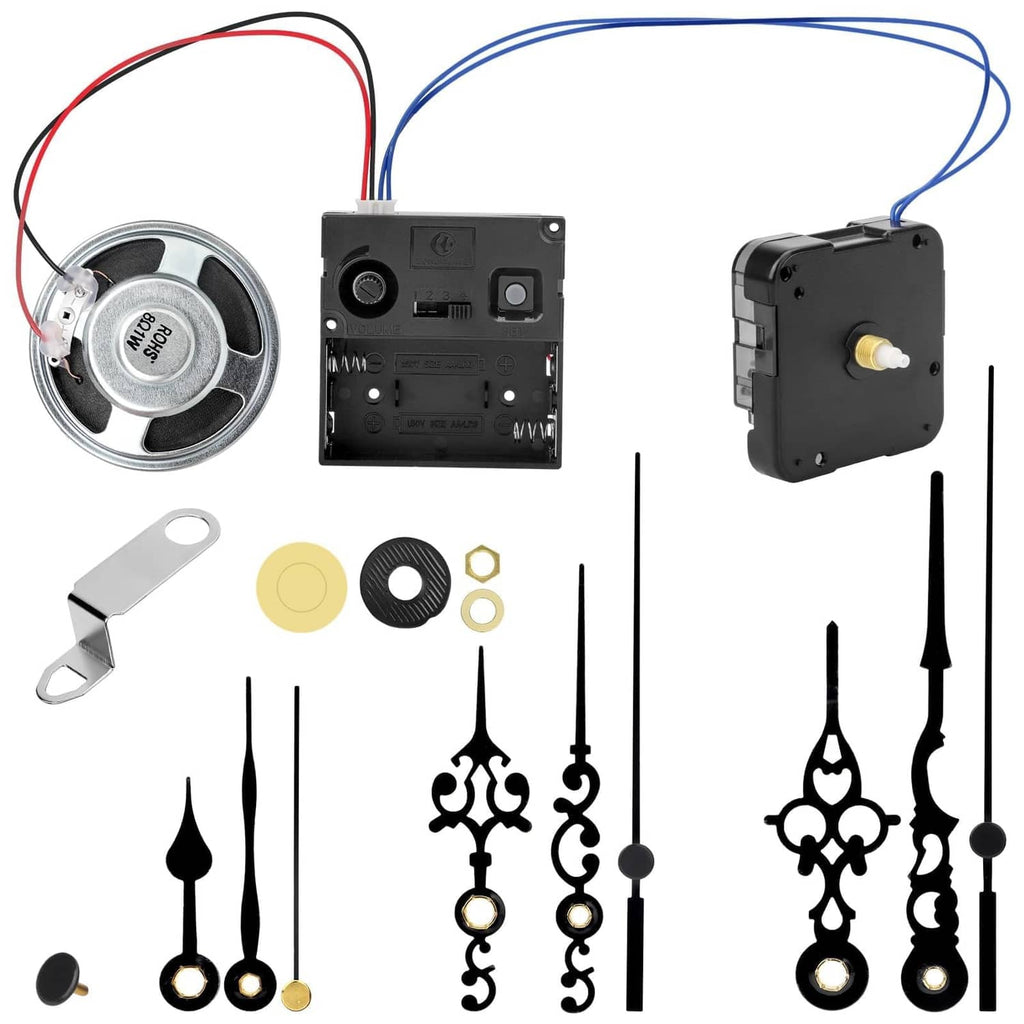 Black chime clock mechanism replacement kit with wires, mounting parts, and clock hands