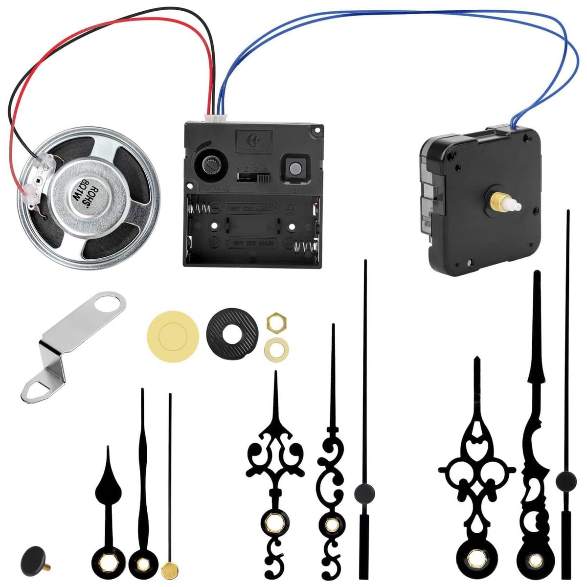 Black chime clock mechanism replacement kit with wires, mounting parts, and clock hands