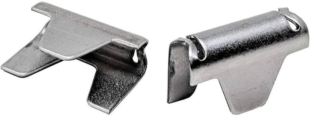 Metal sofa spring stay clip pair with hooked posts, silver gray finish