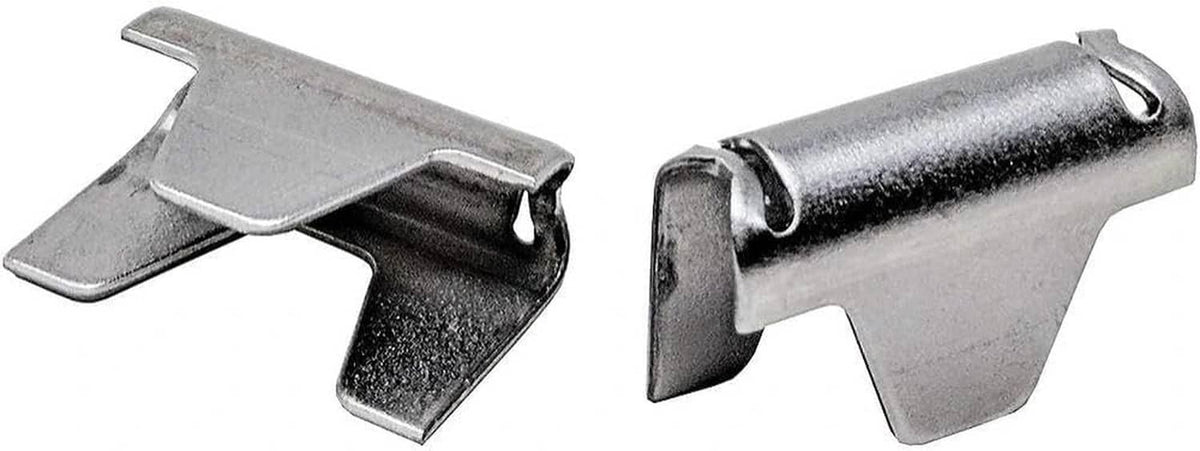 Metal sofa spring stay clip pair with hooked posts, silver gray finish