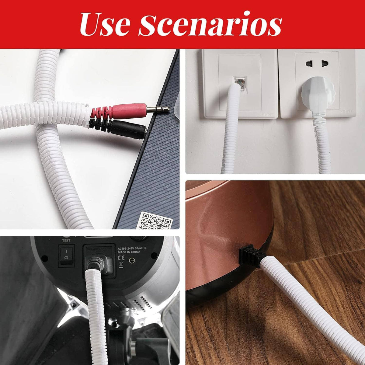 White cord protector sleeve shown in use across wall and floor cable connections