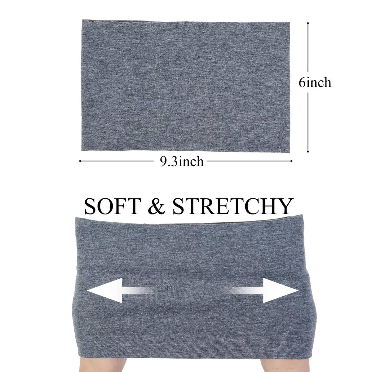 Light gray wide elastic headband with size guides for length and height.