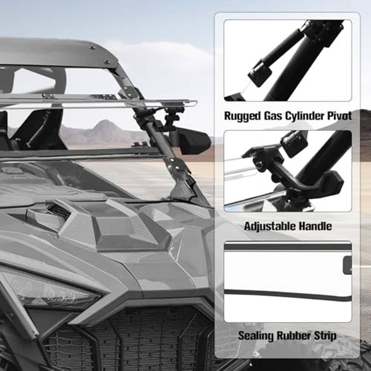 Flip-up windshield mounting assembly with gas strut pivot, handle, and sealing strip