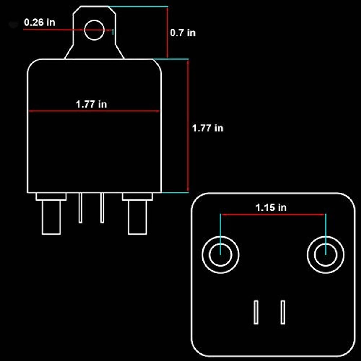 Relay size diagram with pin layout and mounting hole measurements