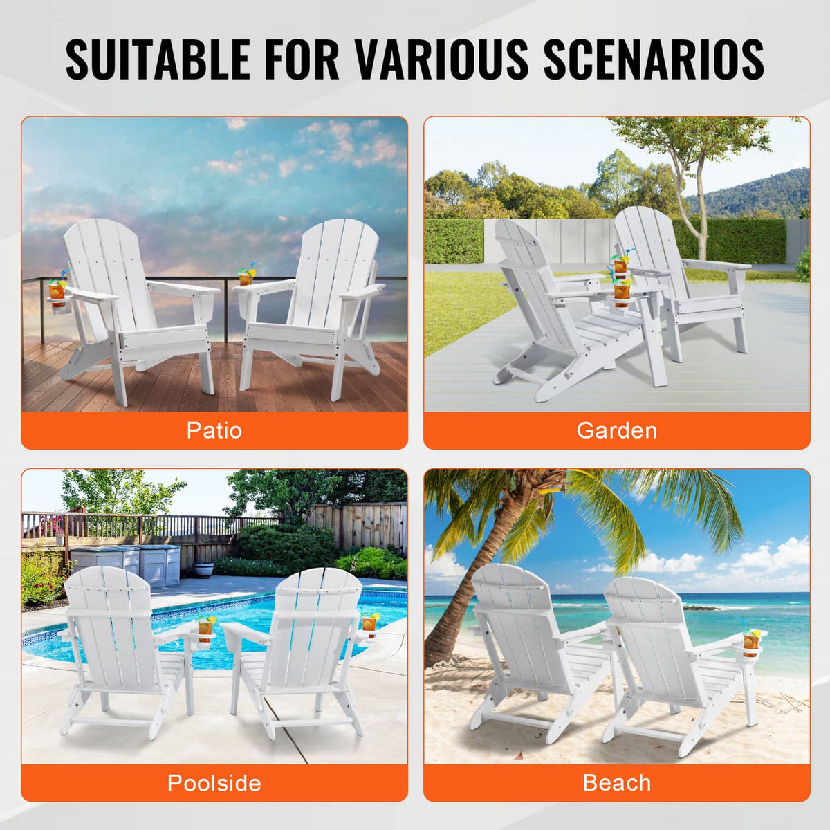 White folding Adirondack chair set displayed for patio, garden, poolside, and beach use