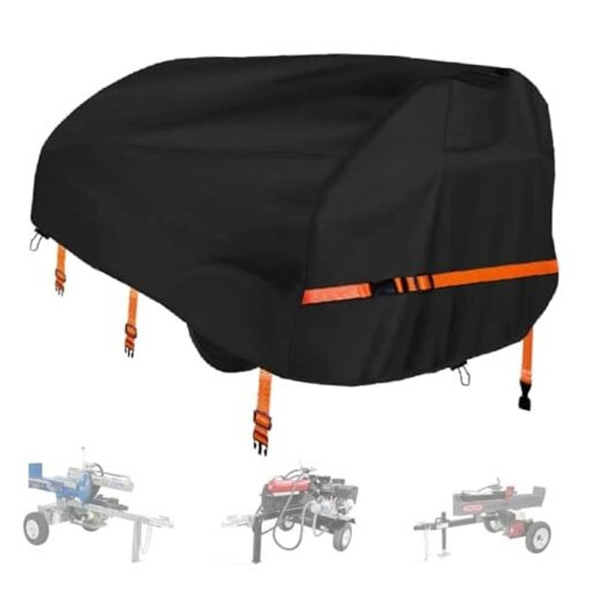 Black log splitter cover with orange stripe and elastic hem cord, covers equipment