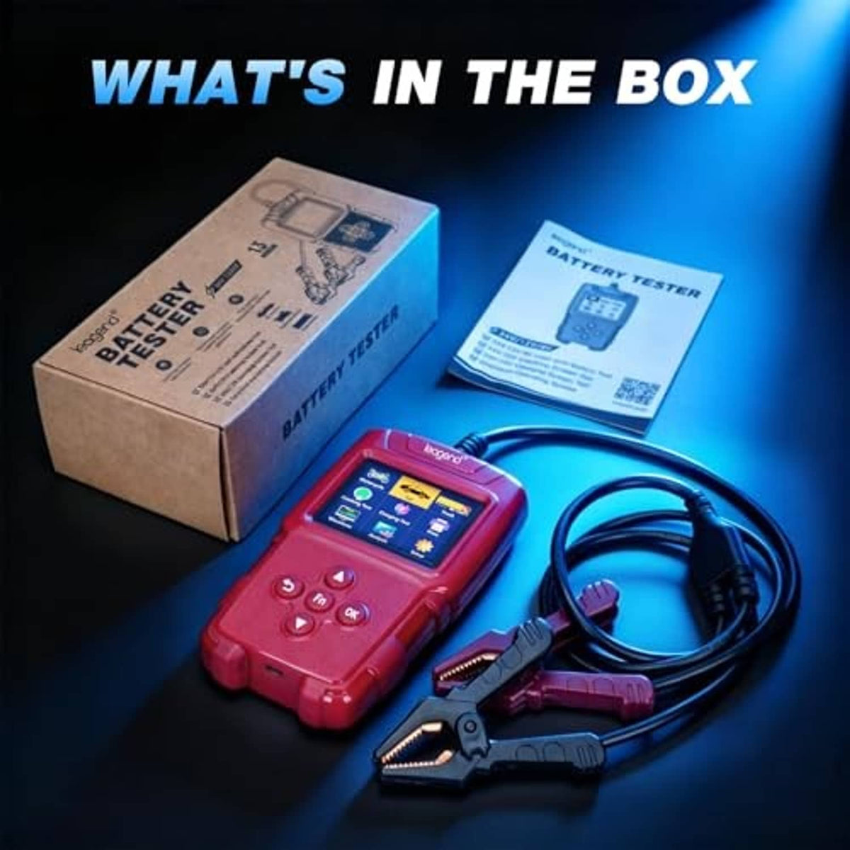 Red battery tester kit with color screen, cable, alligator clamps, and instruction documents