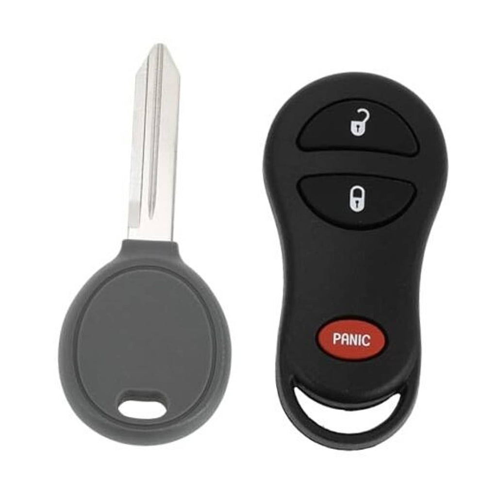 Key fob remote with removable uncut key blade and lock, unlock, panic buttons, black and gray.