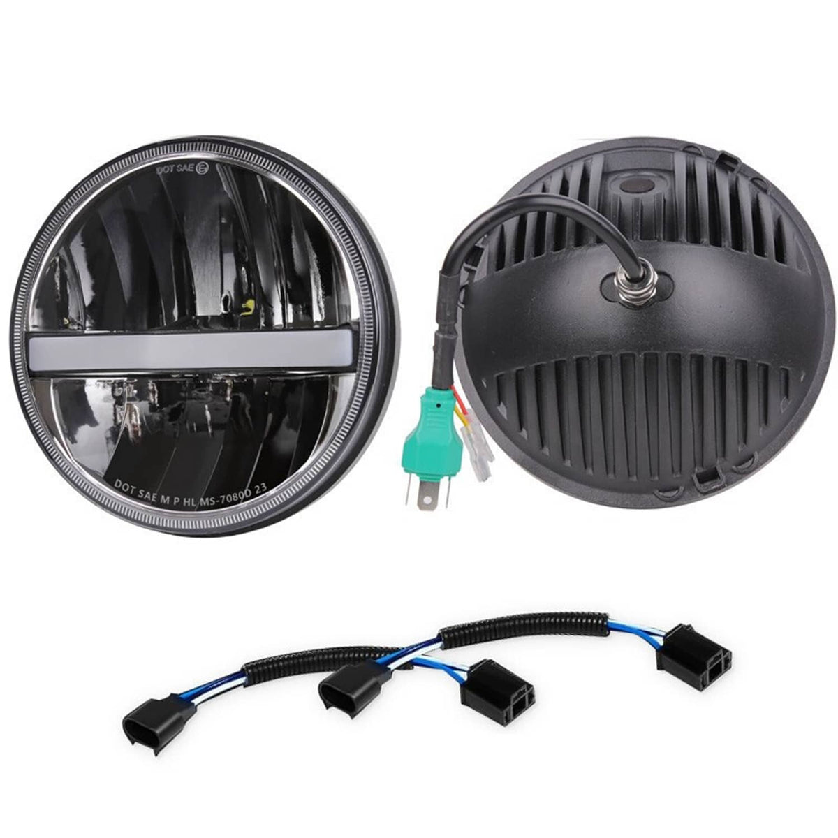 Pair of round halo LED headlights showing front, rear housing, and wiring harness