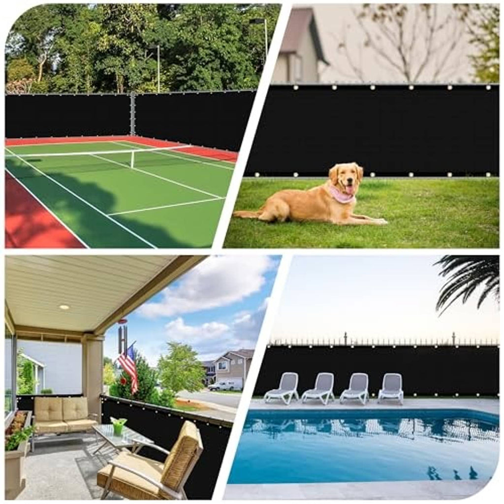 Black privacy screen fence panel with grommets and reinforced top edge