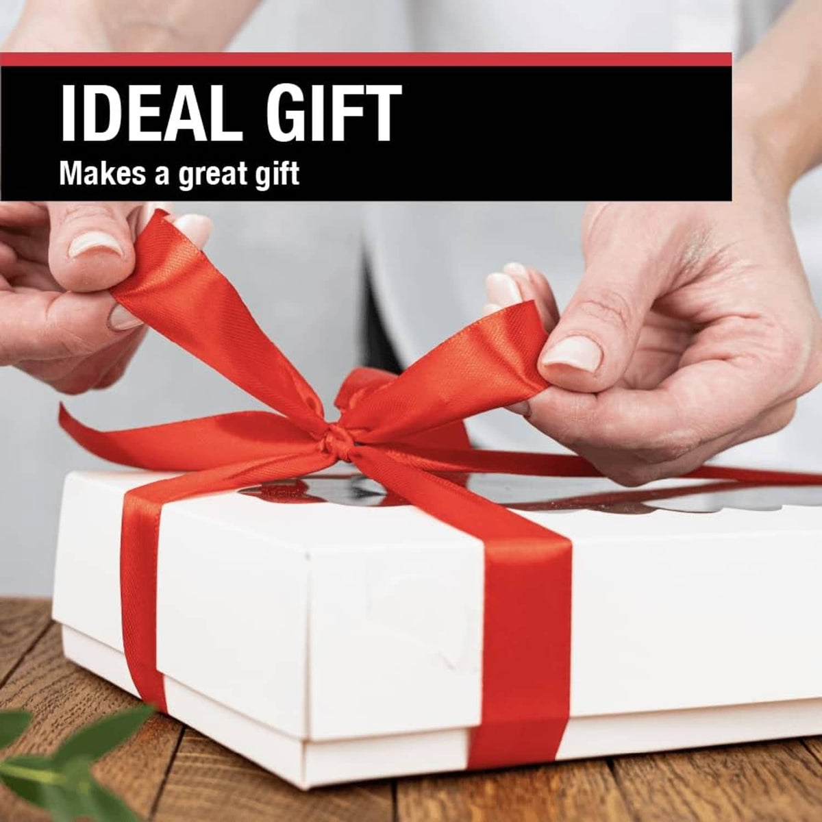 Grill surface thermometer gift box with white base and red ribbon