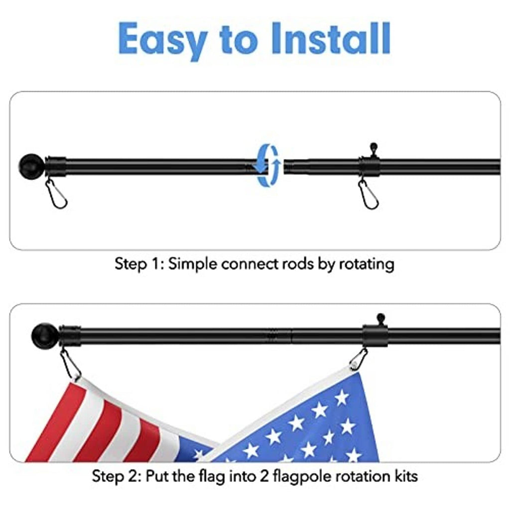 Black flagpole kit showing easy installation rods and flag rotation parts