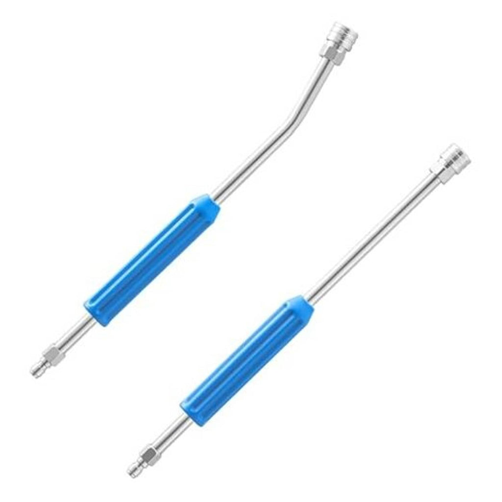 Stainless steel pressure washer extension wand with blue grip and threaded end couplers
