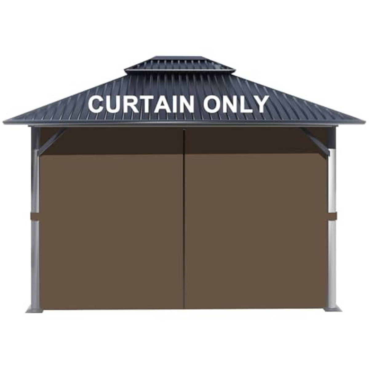 Brown gazebo privacy curtain panels with center seams, shown front view