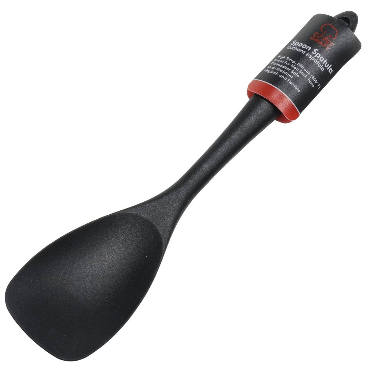 Black silicone spoon spatula with curved head, red tag band near handle