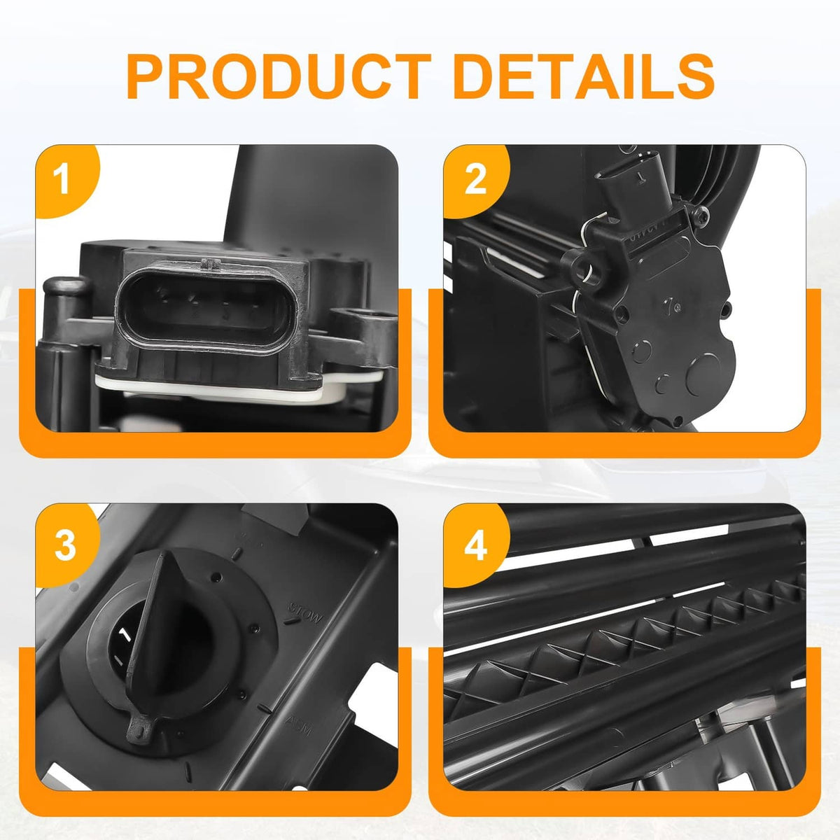 Black motorized grille shutter assembly detail close-ups of actuator and housing