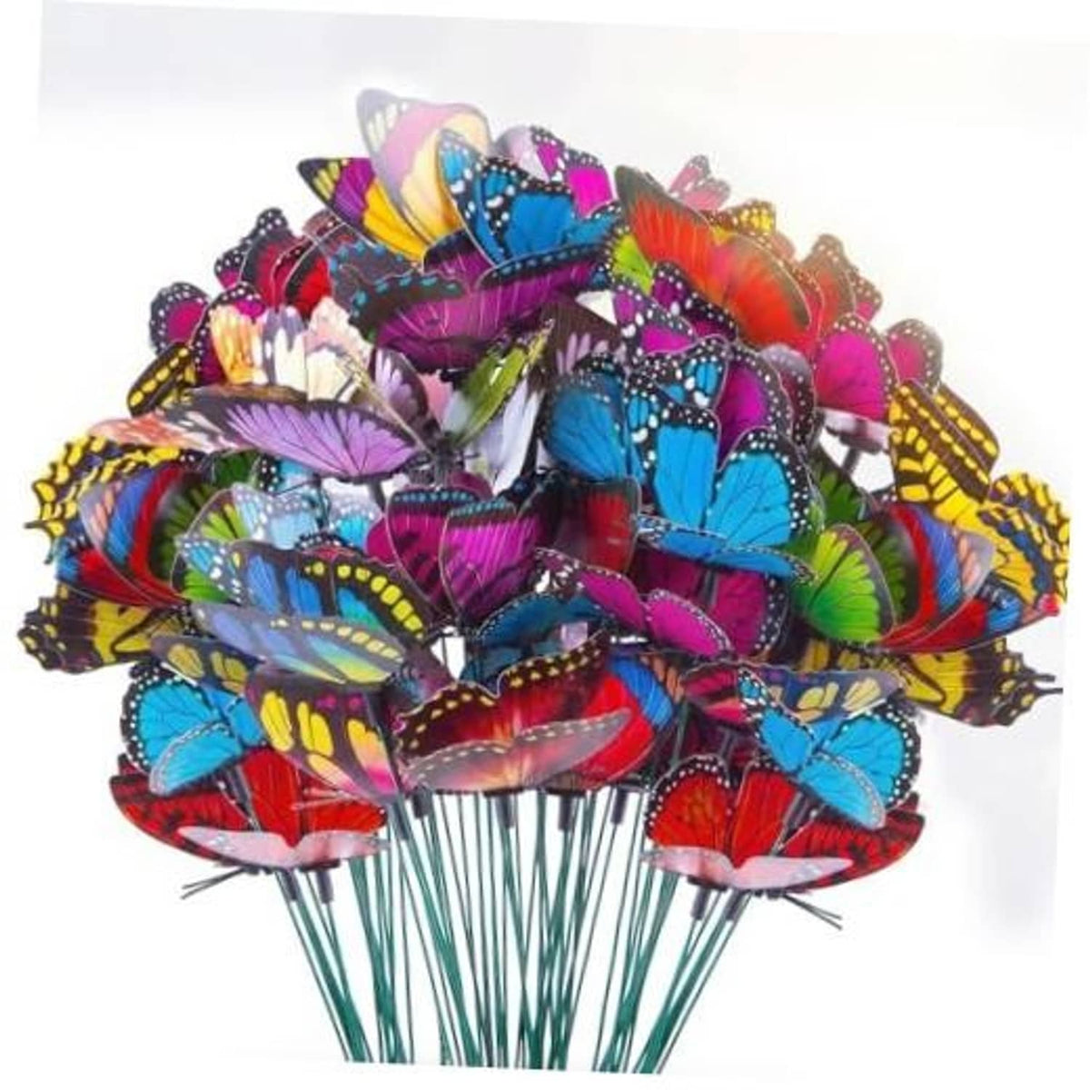 Multicolor plastic butterfly garden stakes on green stems, bundled set