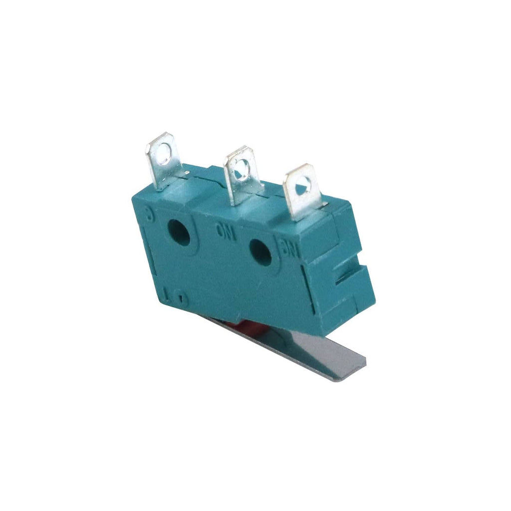 Teal micro limit switch with hinge lever and three pin terminals, side view