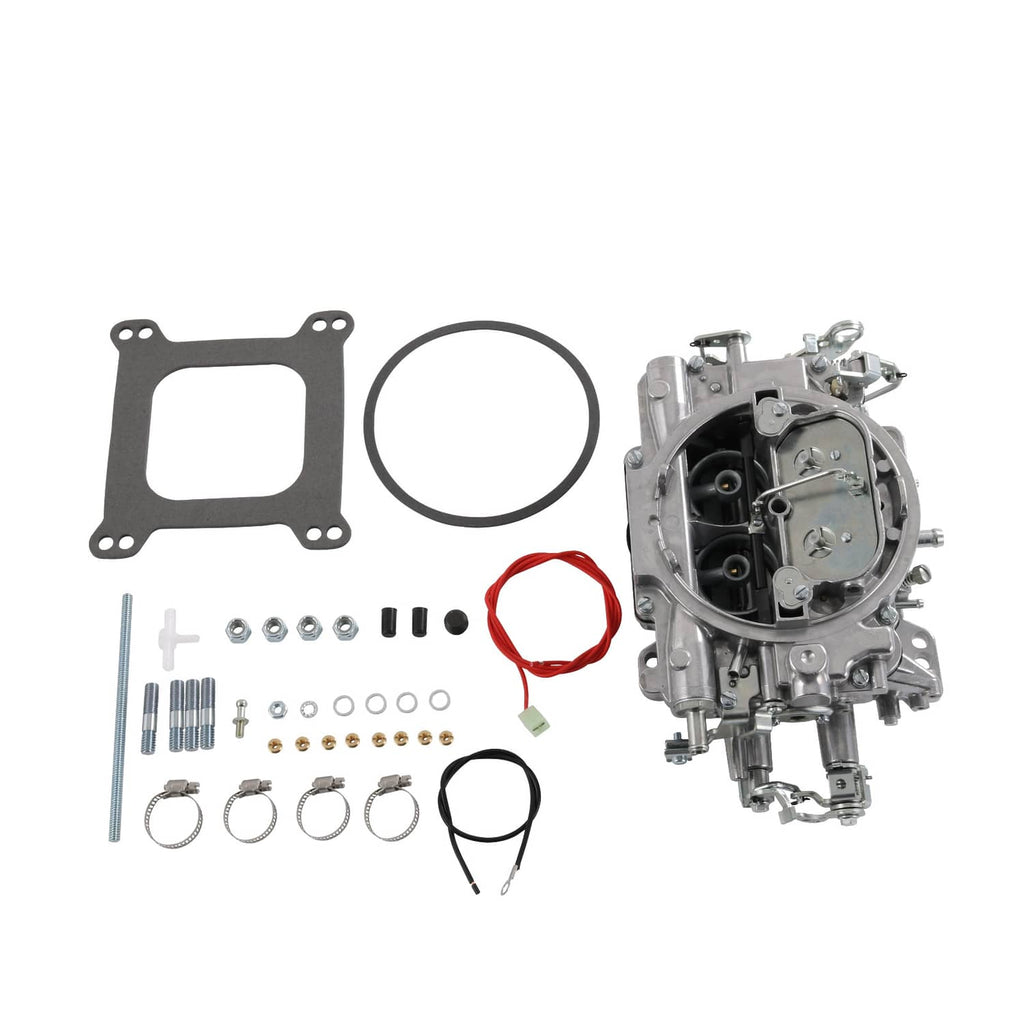 Carburetor kit with gasket, ring, and hardware pieces arranged with the carb