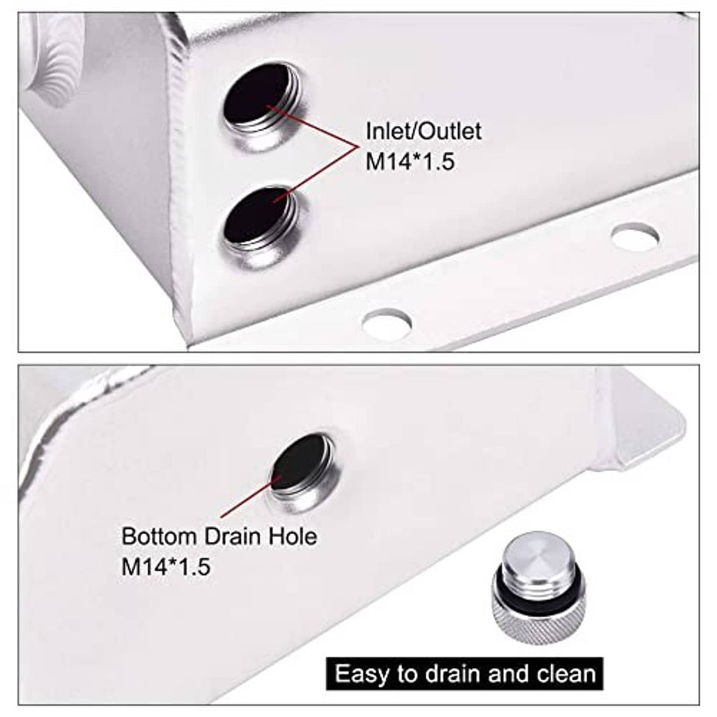Aluminum coolant overflow tank with inlet/outlet ports and bottom drain hole, silver finish